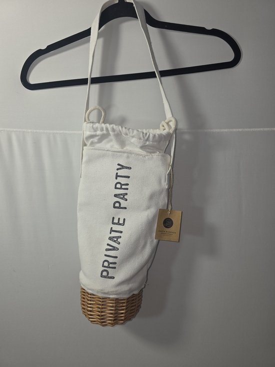 PRIVATE PARTY Handbags - PRIVATE PARTY White Canvas and Wicker Drawstring Crossbody Bottle Bag